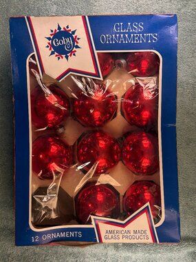 Vintage Coby Glass Christmas Ornaments Shiny Red Box of 11 American Made RI